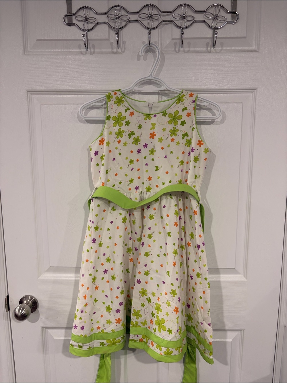 Handmade Girls’ White Floral & Butterfly Dress with Green Trim & Removable Belt